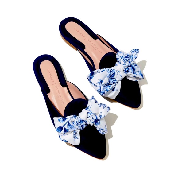 Margaux Shoes - MARGAUX x GAL MEETS GLAM  Navy Bow Floral Mules EUC